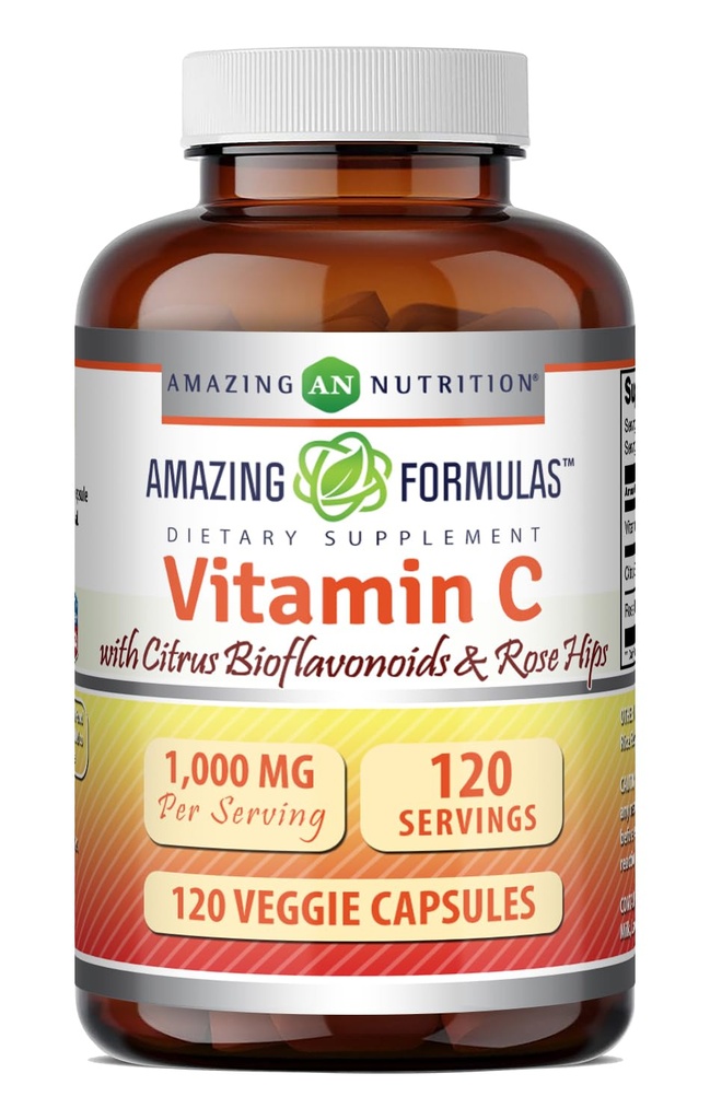 놀라운 수식 비타민 C (아스코르브산) 로즈 엉덩이와 1000 Mg & 감귤류 바이오 플라보노이드 | Veggie 캡슐 보충 | 비 GMO | 글루텐 프리 | 미국 (120 개)