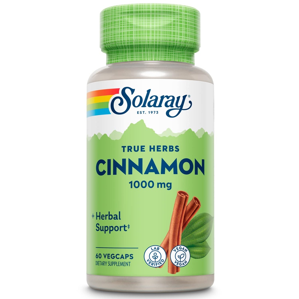 SOLARAY True Herbs Cinnamon Bark 1000mg - Ground Cinnamon Supplements - 전체 웰빙을위한 초본 지원 - 비 GMO 프로젝트 검증 - 채식 캡슐, 60 일 보증 - 30 서빙, 60 VegCaps