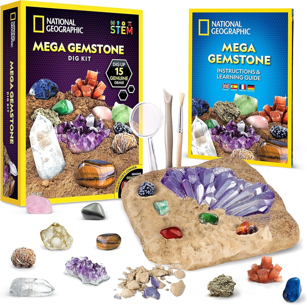 NATIONAL GEOGRAPHIC Mega Gemstone Dig Kit – 15 Real Gemstones 및 Crystals, Science Kit for Kids, Gem Digging Kit, Girls 및 Boys, Mining Kit, Rock Collection에 대한 선물