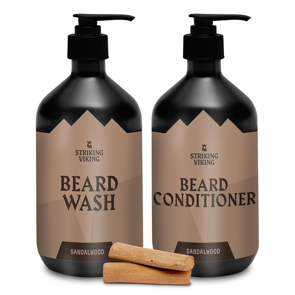 Striking Viking Beard Care Set (샌달우드) - Paraben & Sulfate 무료 샴푸 Jojoba 오일 - 모든 Beard 유형에 대한 깊은 청소 (10oz Per Bottle)