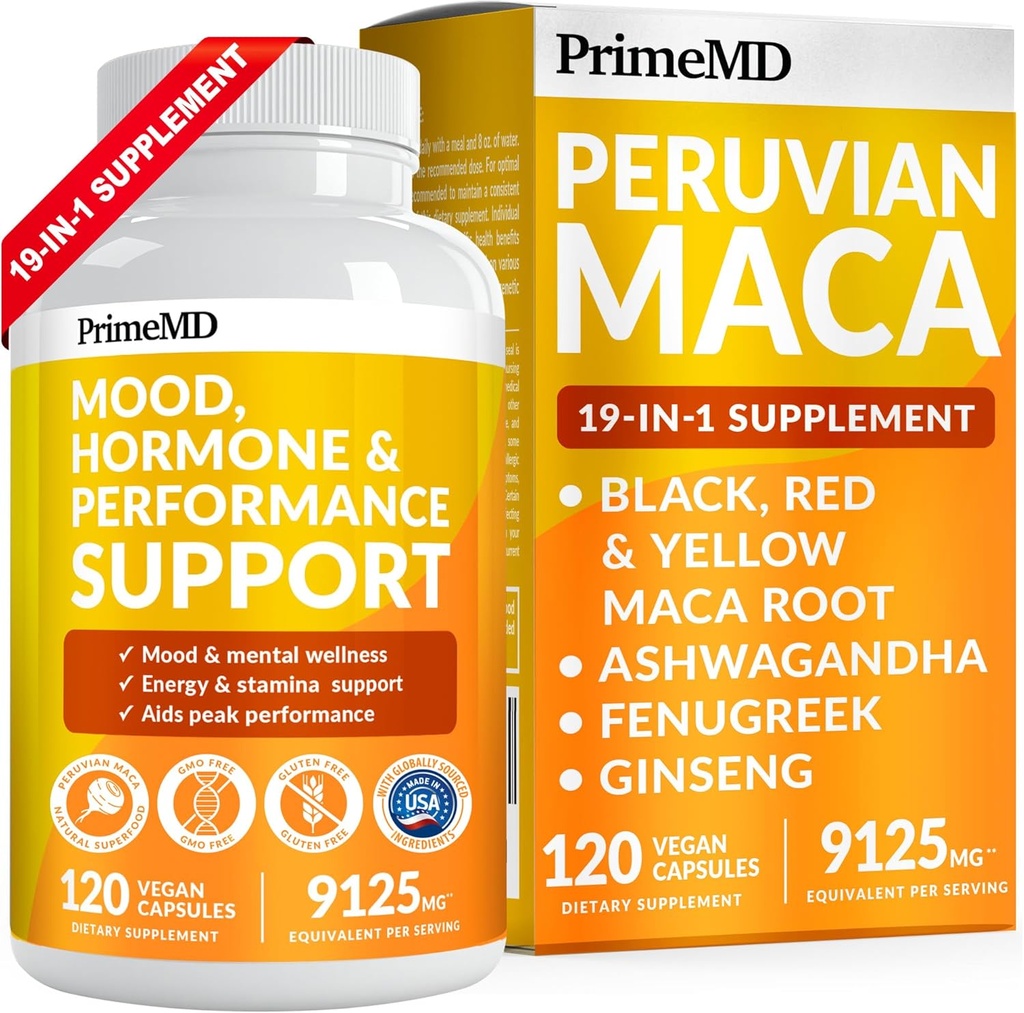 PrimeMD 19-in-1 페루 마카 루트 캡슐 - 9125 mg Ashwagandha는 Maca Fenugreek 및 Ginseng과 Mood, 호르몬 및 성능 지원 (120 캡슐)