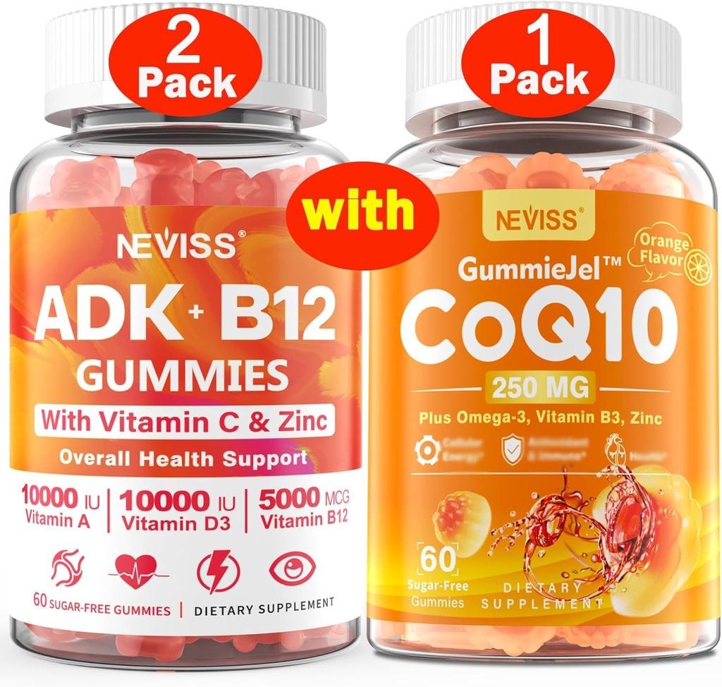 B12 Gummies + 1Pack CoQ10-250mg를 가진 NEVISS 2Pack 비타민 ADK는 Gummies를 채웠습니다