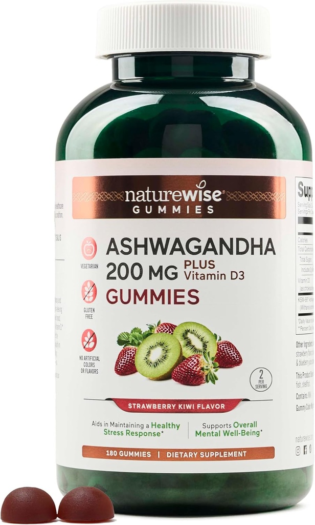NatureWise Ashwagandha Gummies - Strawberry Kiwi - 비타민 D3가있는 KSM-66 - 무드 지원 - 채식주의 - 비 GMO, 젤라틴 및 글루텐 무료 - 180 카운트 [3-달 공급]