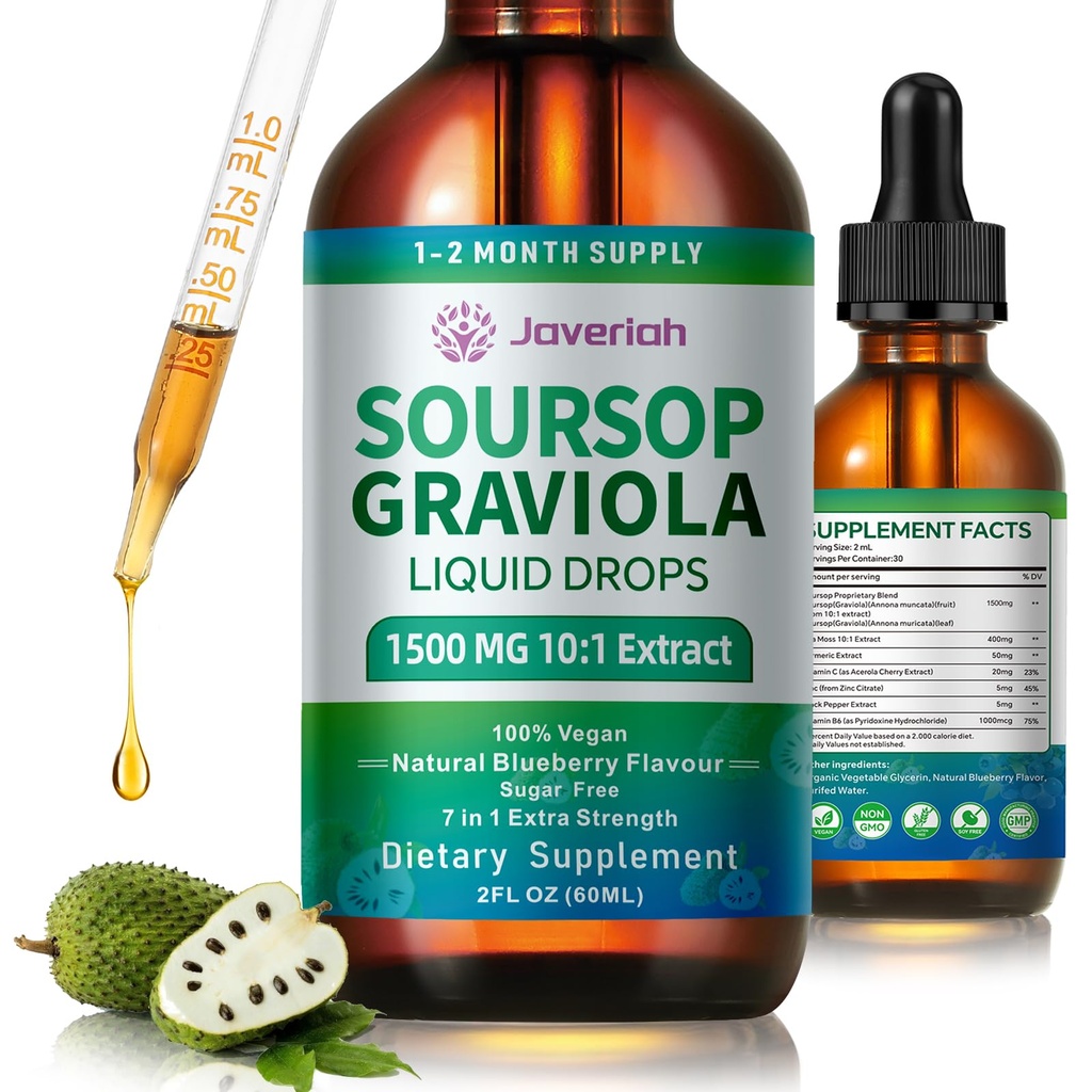 Soursop Graviola 액체 드롭은 Sea Moss Extract, Soursop Bitters Liquid for Cell Support & Regeneration, Immunity, Liver, Antioxidant, Graviola Leaves Extract 2 개월 공급 60ML
