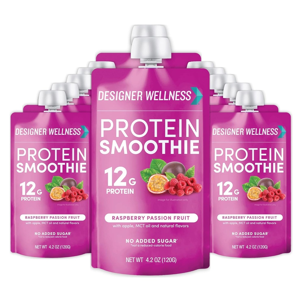 디자이너 Wellness Protein Smoothie, Real Fruit, 12g Protein, Low Carb, ZeroAdd Sugar, Gluten-Free, Non-GMO, 인공 색상 또는 향료 없음, Raspberry Passion Fruit, 12 Count