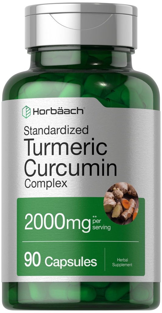 Horbäach Turmeric Curcumin Supplement 2000mg | 90 캡슐 | 검은 후추가있는 복합 재료 | Non-GMO, 글루텐 프리