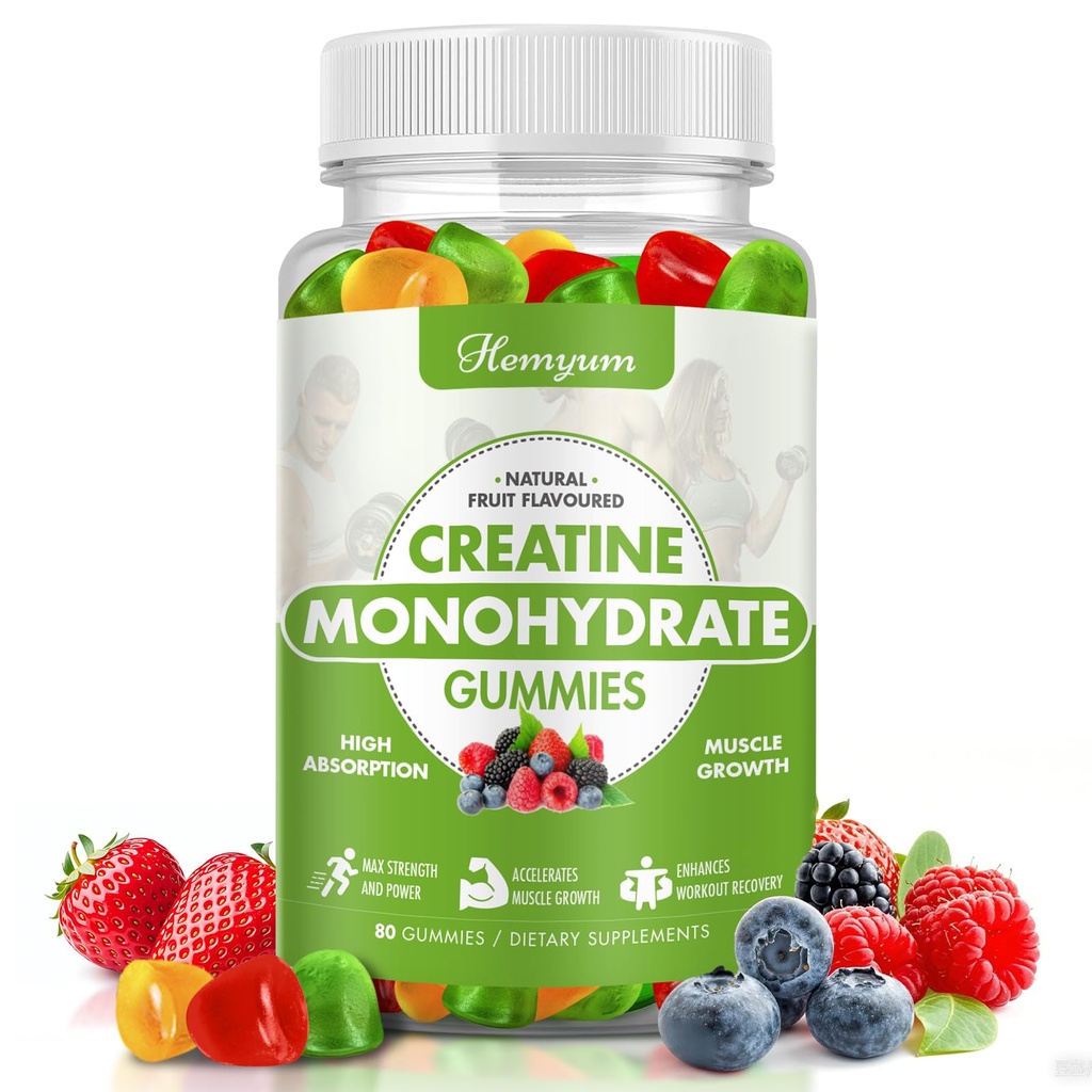 크레아틴 Monohydrate Gummies - 여자 남자를 위한 5g 크레아틴, 강화된 근육 힘, 부스트 초점 및 내구시간, 근육 건축업자, L-Taurine + 비타민 B12, 빈, 글루텐 자유로운 80 조사