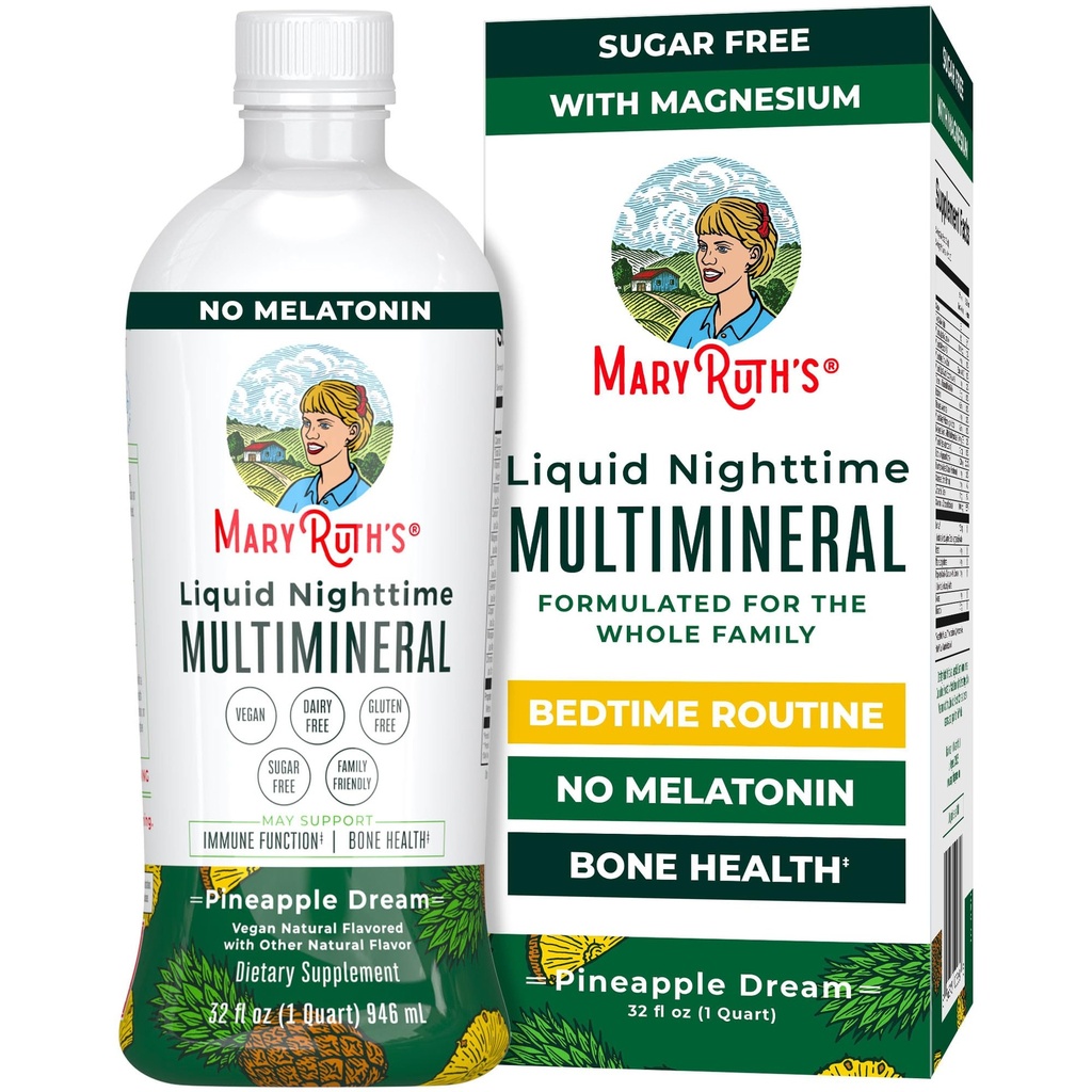 MaryRuth Organics Liquid Nighttime Multimineral | NO Melatonin | 마그네슘 시트레이트 | 칼슘 | 아연 | 비타민 D3| 4 가지 맛 제공 | Vegan | 설탕 무료 | 글루텐 프리 | 32 Oz