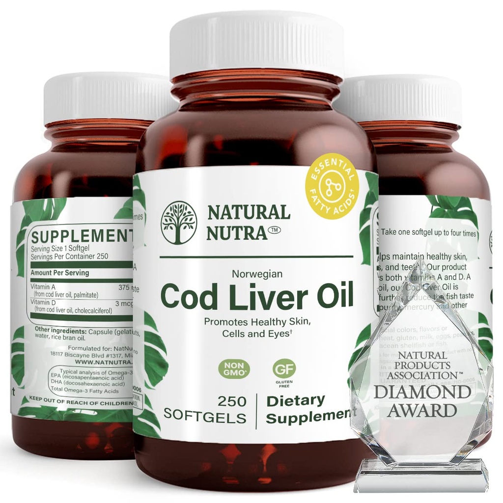 Natural Nutra Norwegian Cod Liver Oil Supplement는 피부 유지, 몸 밀도 유지, 눈 건강 & Nerve 기능, 치과 건강을 촉진, 심장 혈관 건강 지원, 250 Softgels