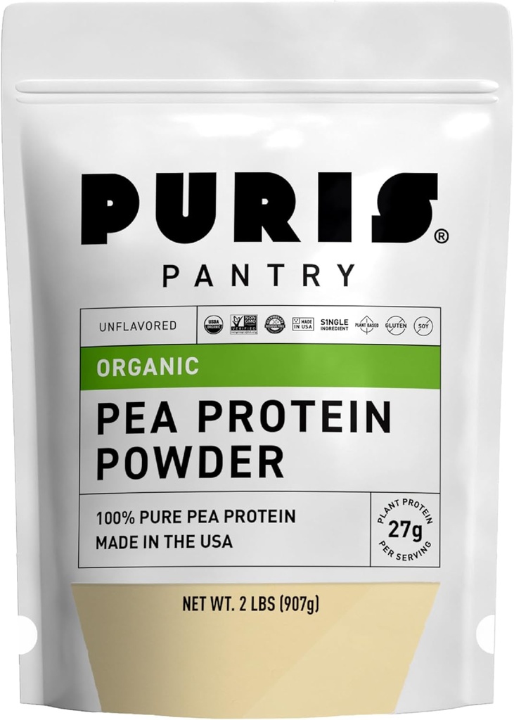 PURIS Organic Pea Protein Powder – USDA Organic Vegan Protein | 27g Plant Protein Per 서빙 | Non-GMO Gluten-Free Soy-Free | Clean Label | 스무디, 베이킹 | 2lb