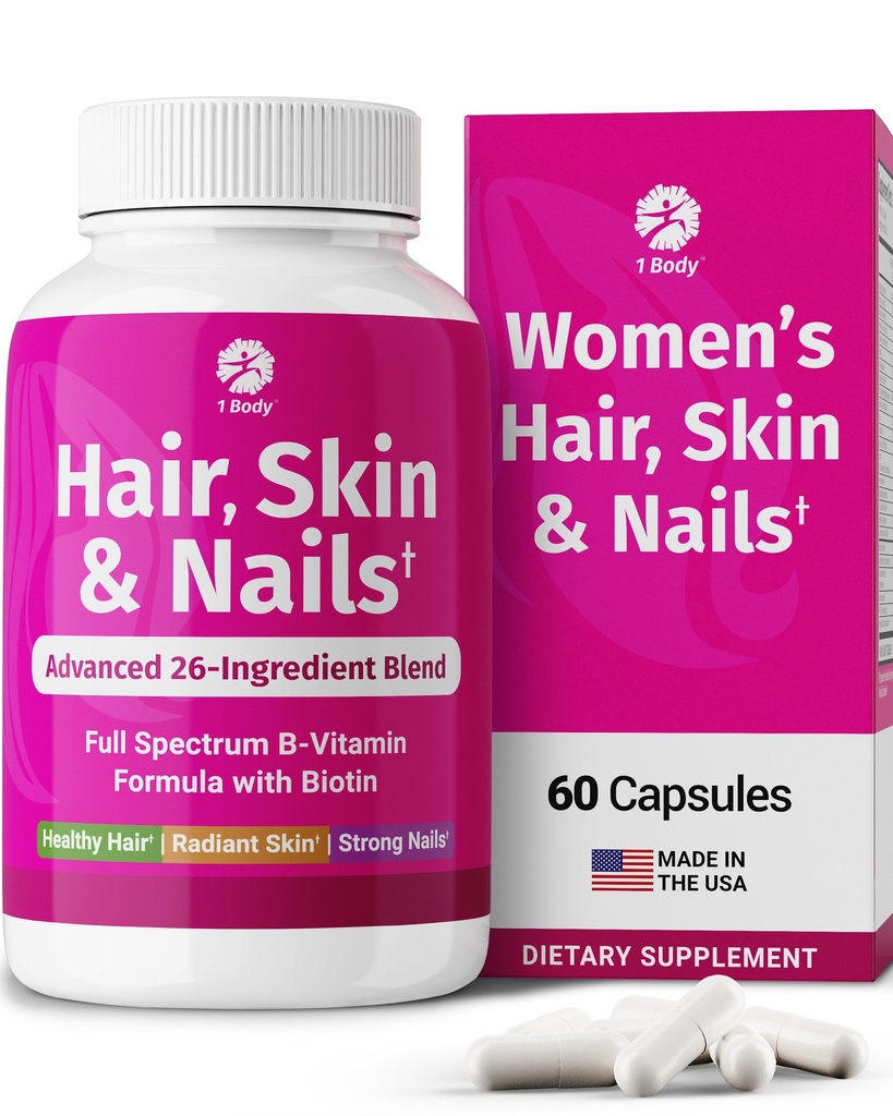 1 Body Hair Skin and Nails Vitamins with Biotin – 26 비타민, 미네랄 및 허브 추출물이있는 여성 및 남성을위한 머리 성장 보충 – 더 강한 헤어, 건강한 피부 및 손톱 – 60 Vegan 캡슐