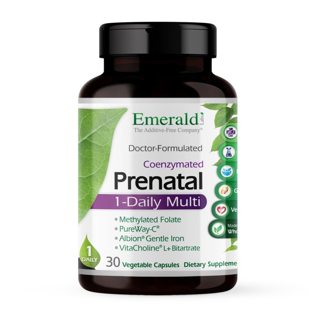에메랄드 연구소 Prenatal 1-Daily 멀티 - 메틸화 된 Folate, 철, 전체 식품 혼합 및 더 - Soy-Free, 글루텐 - 무료 - 30 야채 캡슐