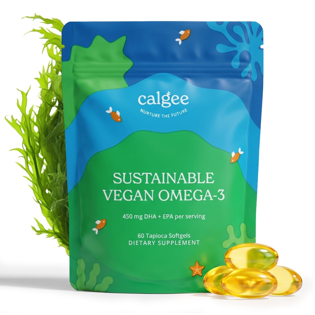 Calgee Vegan 오메가 3-450mg DHA 및 EPA 지방산 - 지속 가능한 조류 기름 - 식물 기반 물고기 기름 대안 - Carrageenan-Free Softgels (60 Ct)