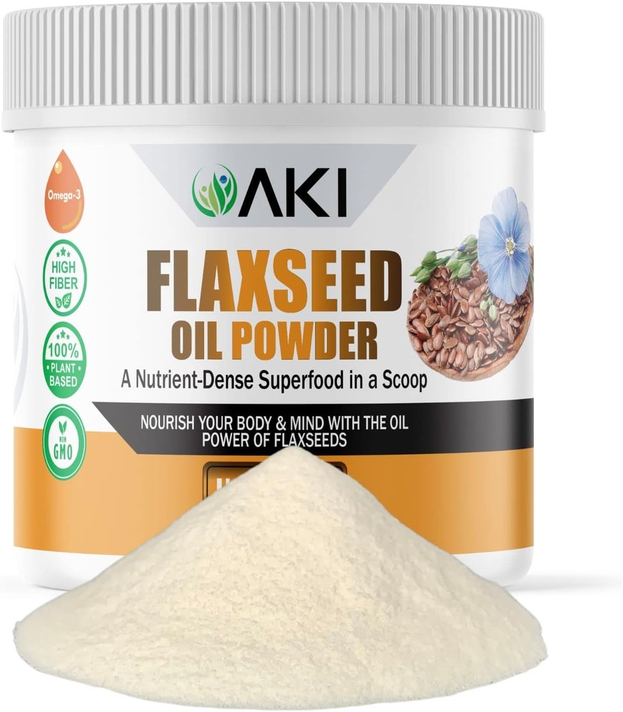 AKI Flaxseed 기름 분말 - Omega-3 지방산, 섬유, & Lignans와 같은 필수 영양소로 포장 - 인공 첨가물에서 해방해, 이상적인 질 성분 (5.30oz/150g)로 만드는