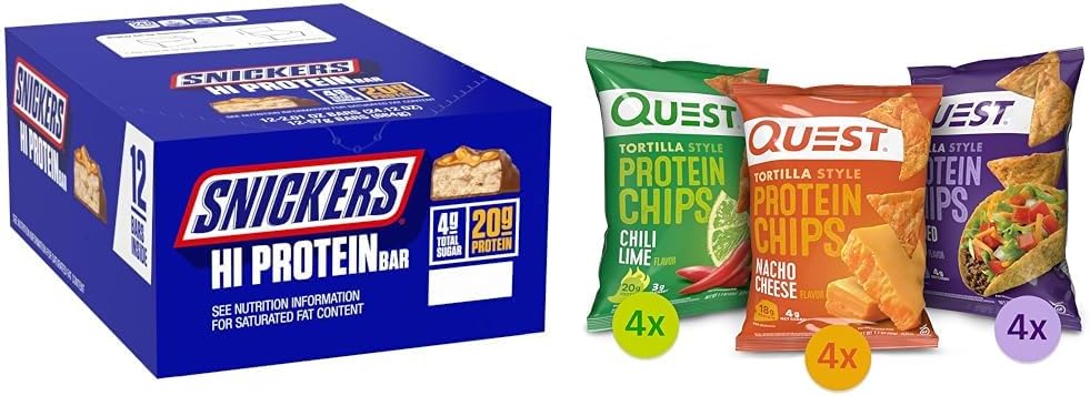 SNICKERS Hi Protein Peanut Caramel Bar 대량 상자, Quest Tortilla Protein 칩 다양성 팩