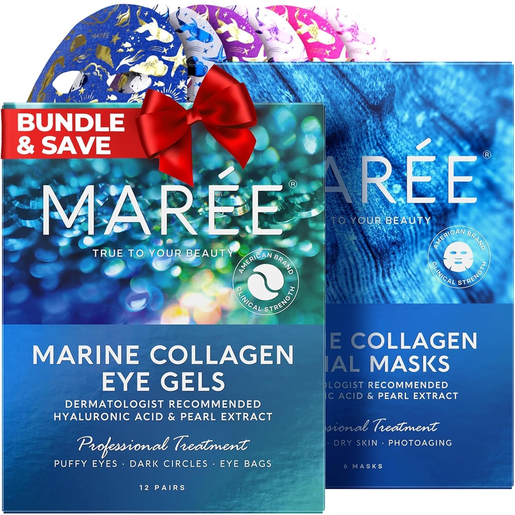 MAREE Eye Gels & Facial Mask 번들 - 퍼프 아이와 다크 서클, 시트 모이스처라이징 마스크에 대한 눈 젤 아래 - Marine Collagen & Hyaluronic Acid, Green & Red Algae Extract - 모든 피부 유형