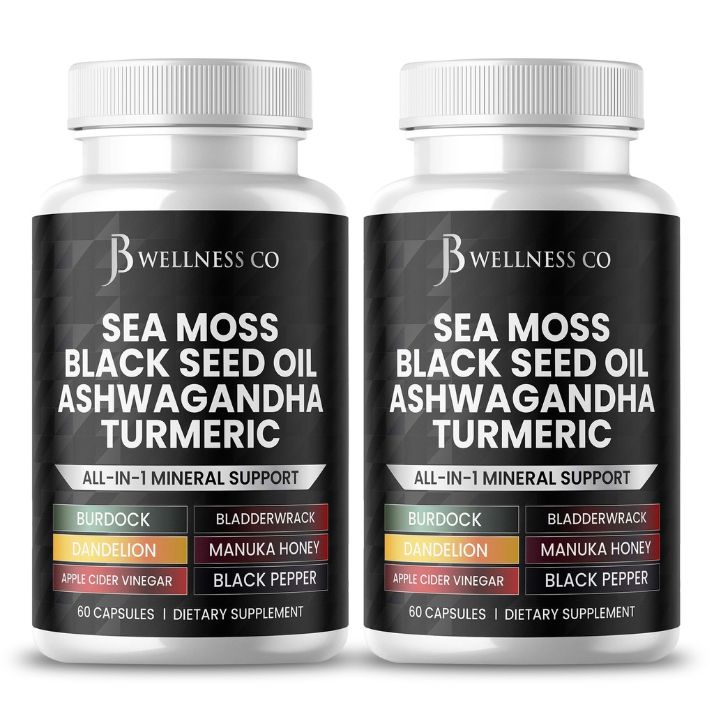 Sea Moss Black Seed Oil Ashwagandha Turmeric Bladderwrack Burdock - Manuka, 꿀 Dandelion, ACV Black Pepper Gluten 무료 120 개