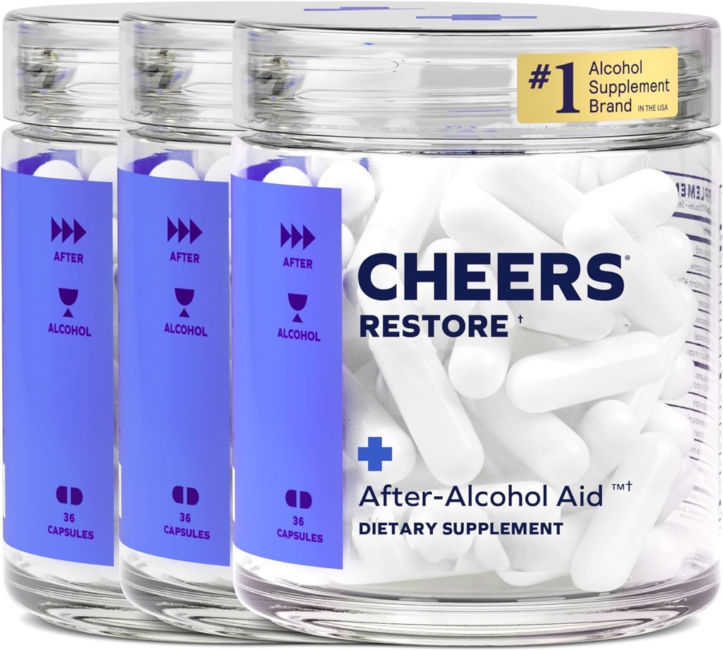 Cheers Restore | DHM + L-Cysteine와의 보충 | 음주 및 지원 후 더 나은 느낌 | 36 복용량 | Dihydromyricetin, Cysteine, 밀크 이틀, Prickly Pear, B-Vitamin, Ginger