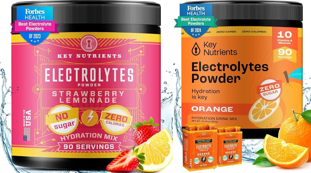 KEY NUTRIENTS Electrolytes & Multivitamin Hydration Powder 번들 – Juicy Strawberry Lemonade & Tangy Orange Electrolyte Powders (90 서빙 각) – Sugar-Free, Keto-Friendly, Calories 없음