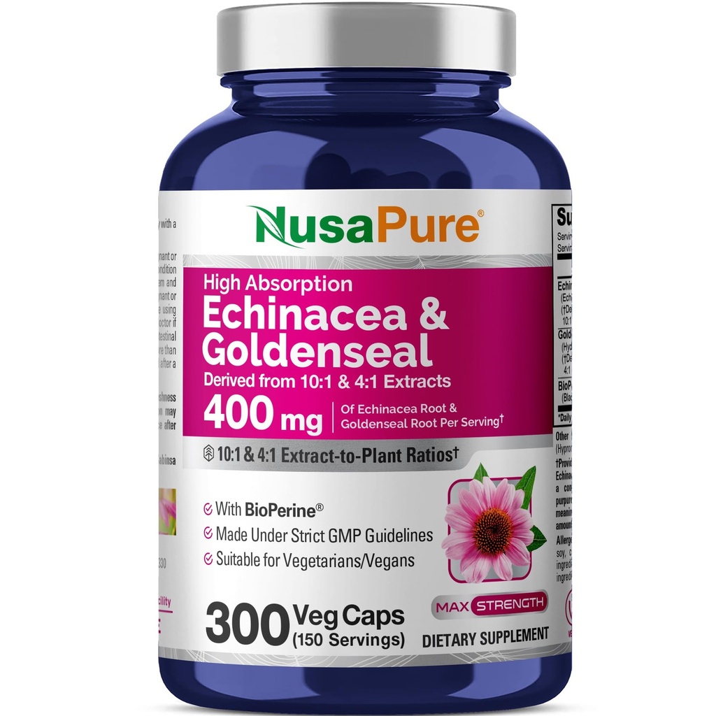 NusaPure Echinacea Goldenseal 200mg, (Extract 10 : 1, 2,000mg에 해당), 200mg, (Extract 4 : 1, 800mg에 해당) - 2800mg 300 Veggie Cap (Vegetarian, Non-GMO, Vegan)