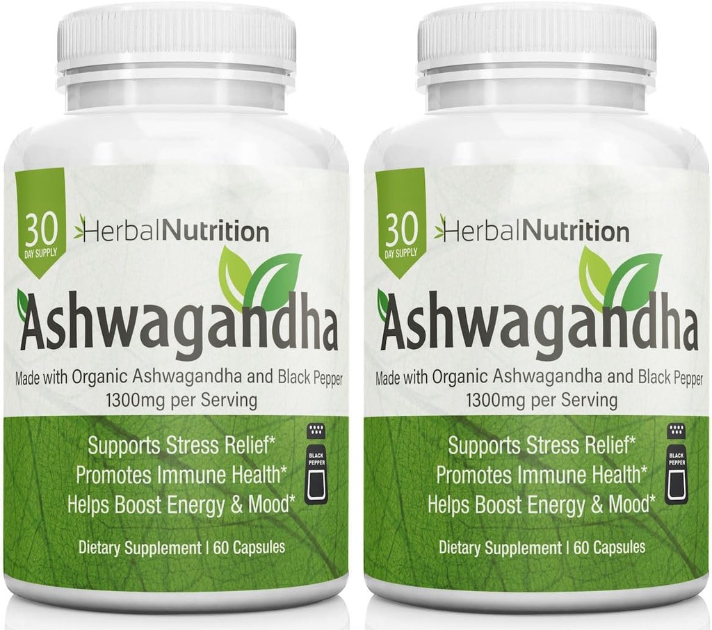 초본 영양 유기 Ashwagandha 1300mg 최대 힘, 2개의 병 팩, 생물 다양성을 위한 120의 캡슐 플러스 까만 고추