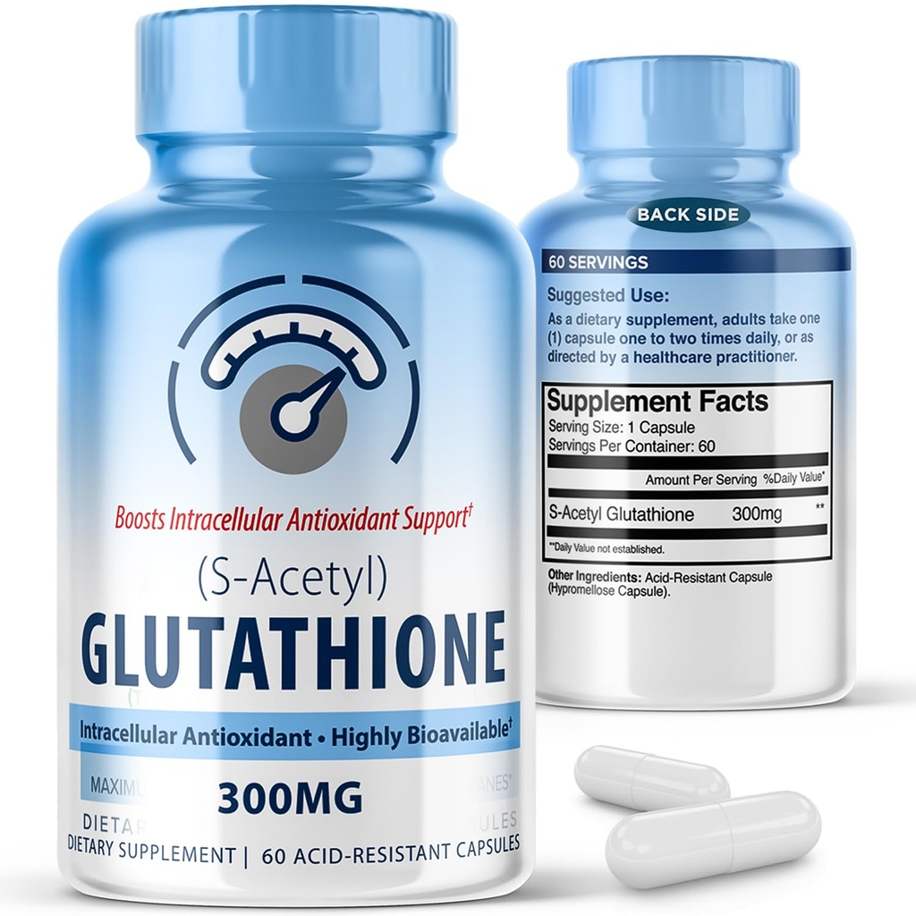 S-Acetyl L-Glutathione 300mg – 60 산 저항하는 캡슐, 높은 생체 이용성 S Acetyl Glutathione는 Liver & 피부 건강, 보충교재 산화 방지제 지원 캡슐을 위해 보충합니다