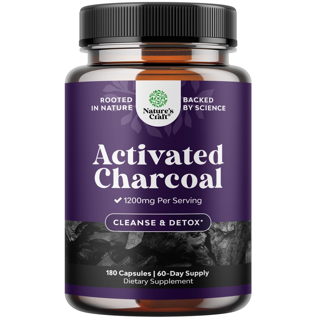 Natures Craft 활성 숯 약 Detox & Cleanse - Bloating Relief에 대한 서빙 당 1200 mg의 코코넛 캡슐을 정화 - Body & Gut Health -180 카운트를위한 Active Detox 보충