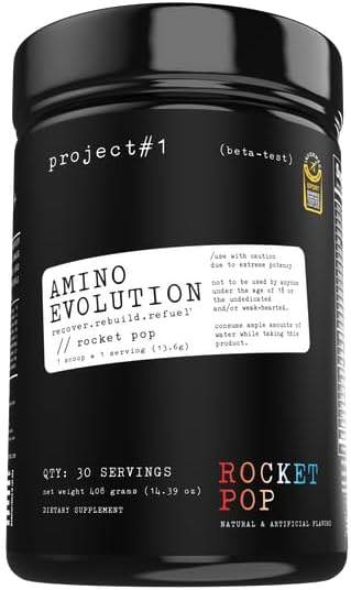 프로젝트 #1 AminoEVolution: 근육 지원 & 회복 - BCAA, EAAs, Electrolytes & Keto Friendly Energy Boost - 남자 & 여자를위한 사전 & 포스트 운동 분말 - RocketPop 맛 - 30 서빙