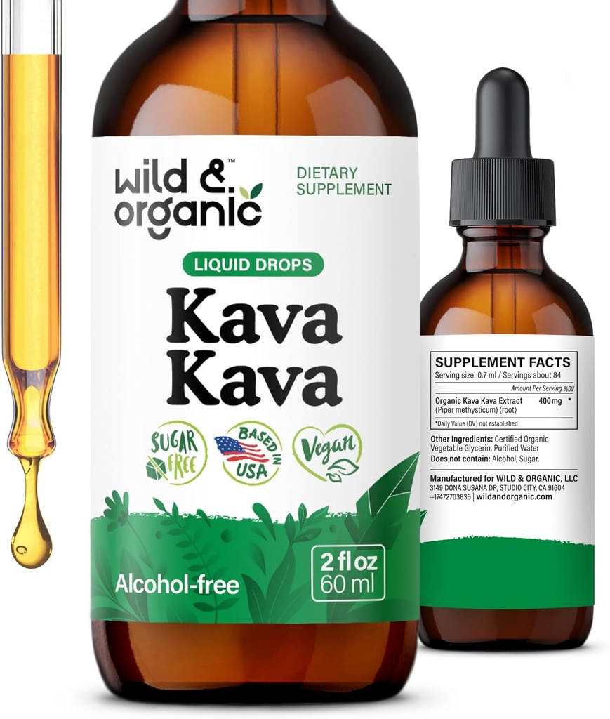 Wild & Organic Kava Kava Tincture 400 mg - 무드 지원 보충 - 칼로리 뿌리 추출물 액체 낙하 - 2 월 공급 - 채식, 설탕 및 알코올 프리 드롭 - 2 fl oz