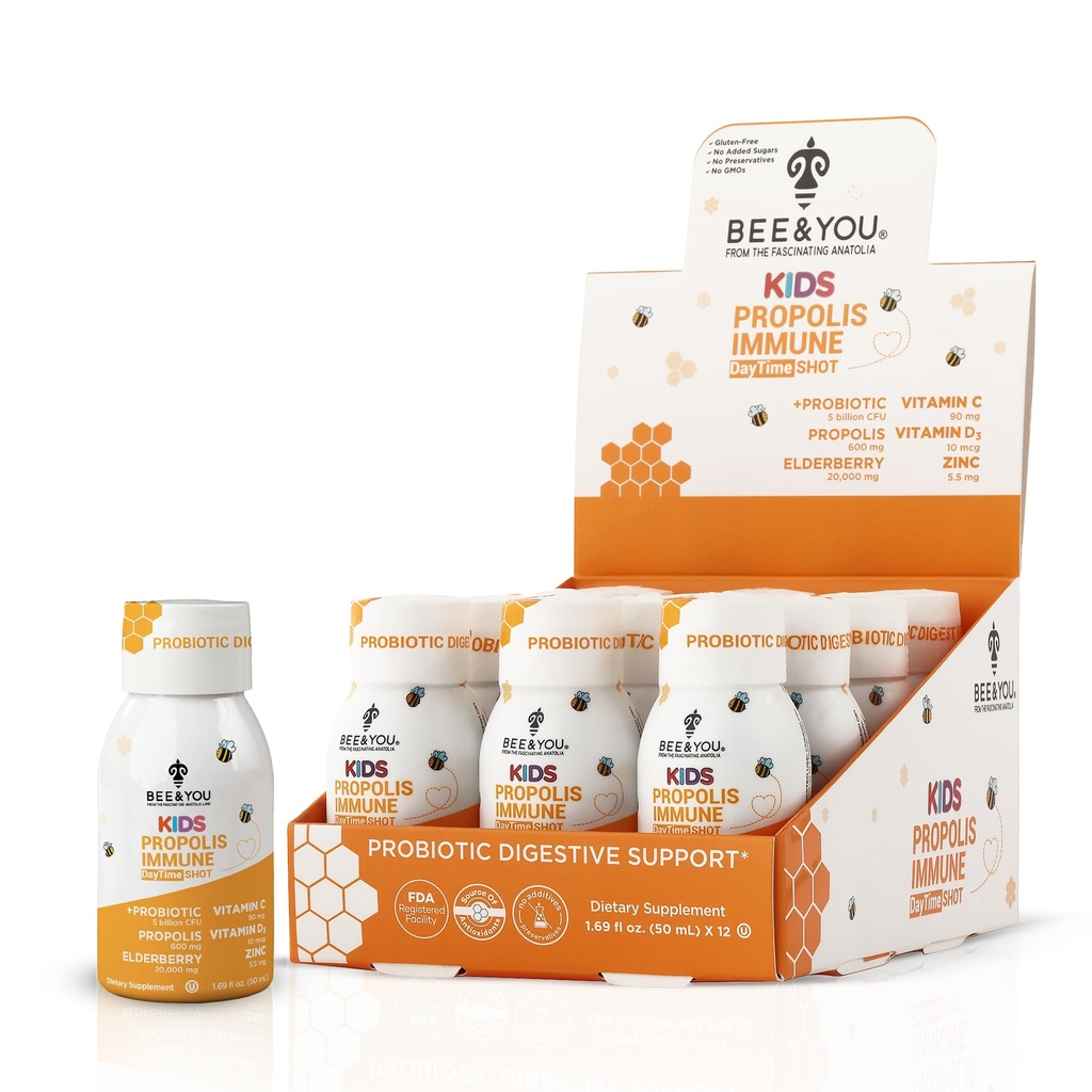 꿀벌과 당신 아이 프로 폴리스 면역성 일 시간 탄 - Probiotic, 비타민 C, 비타민 D3, 아연, 면역력, 소화 건강, 1.69 Fl. oz, 12 팩
