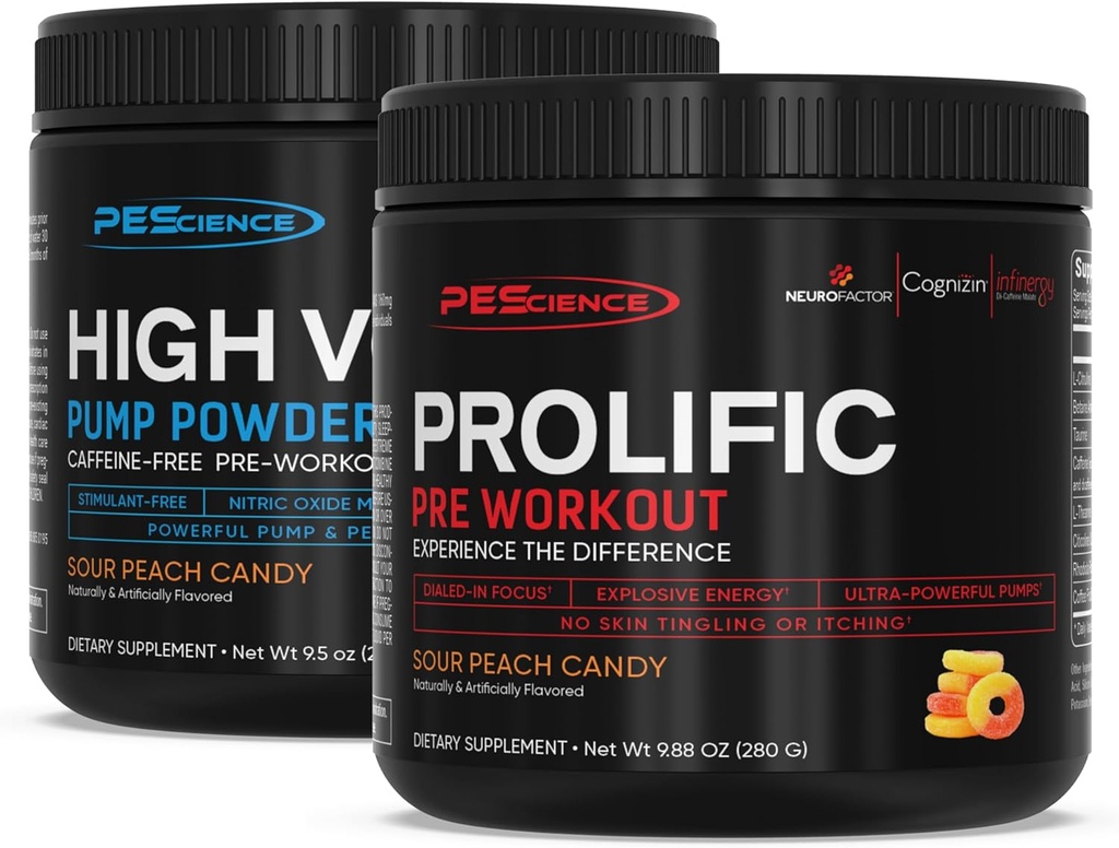 PEScience Pre Workout Stack – Prolific & High Volume, Sour Peach Candy, Nitric Oxide Booster – 40 & 36 Scoops, L Arginine Nitrate, L Citrulline, 남성 및 여성을위한 사전 운동 분말