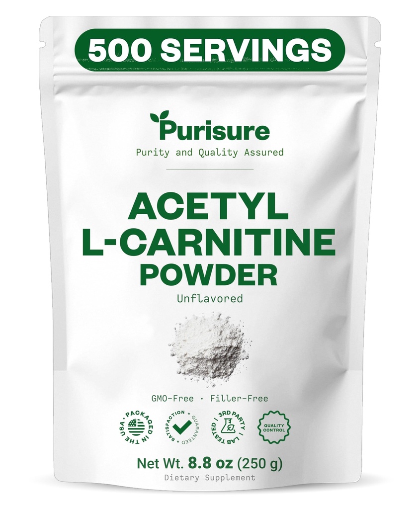 Purisure Acetyl L 카르니틴 분말, 250g, ALCAR 분말, 아미노산 보충교재, 더 나은 인지 성과 및 근육 내구시간을 위한 Acetyl L 카르니틴 보충교재, 글루텐 자유로운, 비 GMO, 500의 서빙