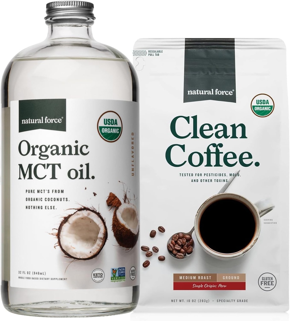 Natural Force Organic Ground Clean Coffee + Organic MCT Oil Bundle - 100 % 순수 코코넛 MCT & Mold & Mycotoxin 무료 커피 - 비 GMO, Keto, Paleo 및 Vegan - 10 Oz Bag 및 32 Oz Glass Bottle
