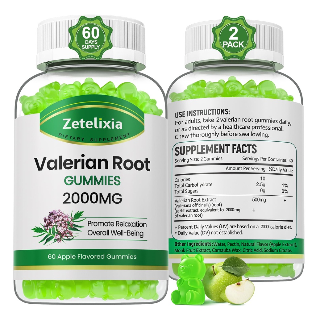 2 팩 유기 Valerian 뿌리 Gummies, Relaxation & Mood 지원을 위한 초본 보충교재, 성인을 위한 Melatonin 없는 수면 Gummies, Vegan, 비 GMO, Apple 풍미, 120 조사