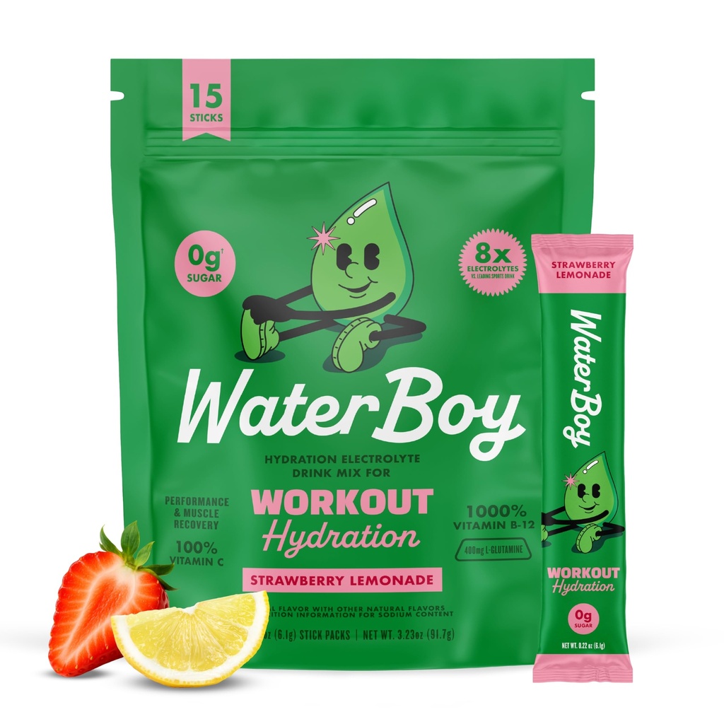 워터보이 운동 히드라이즈 | 2,960mg 슈가프리 일렉트로테 파우더 패킷 | L-Glutamine + Vitamin | No Sugar, All Natural, Gluten Free | 15 Drink Stick Mixs (Strawberry Lemonade)