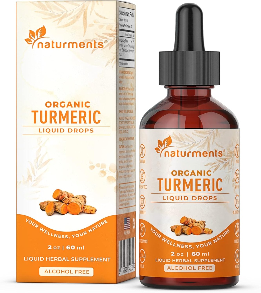 Naturments Turmeric Curcumin 액체 : Ginger & Black Pepper- Joint Support, Immune & Digestive Support, Graceful Aging - 2 Fl Oz와 유기농 심황 Curcumin 인증