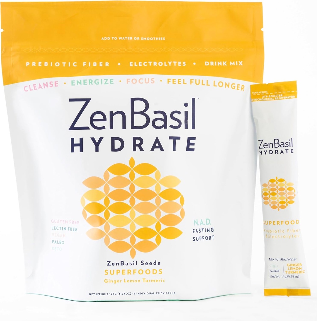 Zen Basil Hydrate - 생강 레몬 심황 | 전해질 하이드로션 파우더 패킷 | 빠른 지원 | 슈가프리, 케토, 팔라디오 | 16개 스틱 | 셀룰러 하이드로션