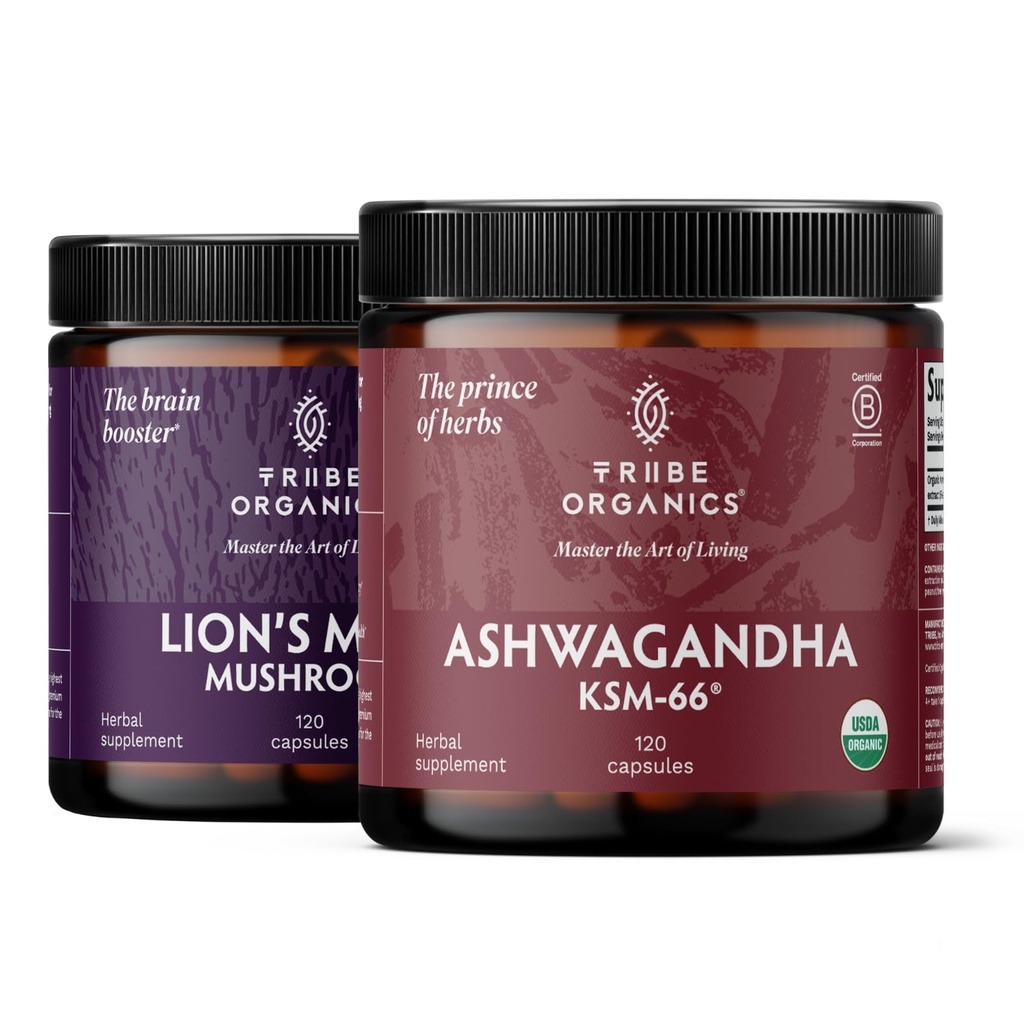 TRIBE ORGANICS NOOTROPIC Duo - KSM66 Ashwagandha + Organic Lion's Mane - Beyond Focus, Mind Awareness 및 마음 건강