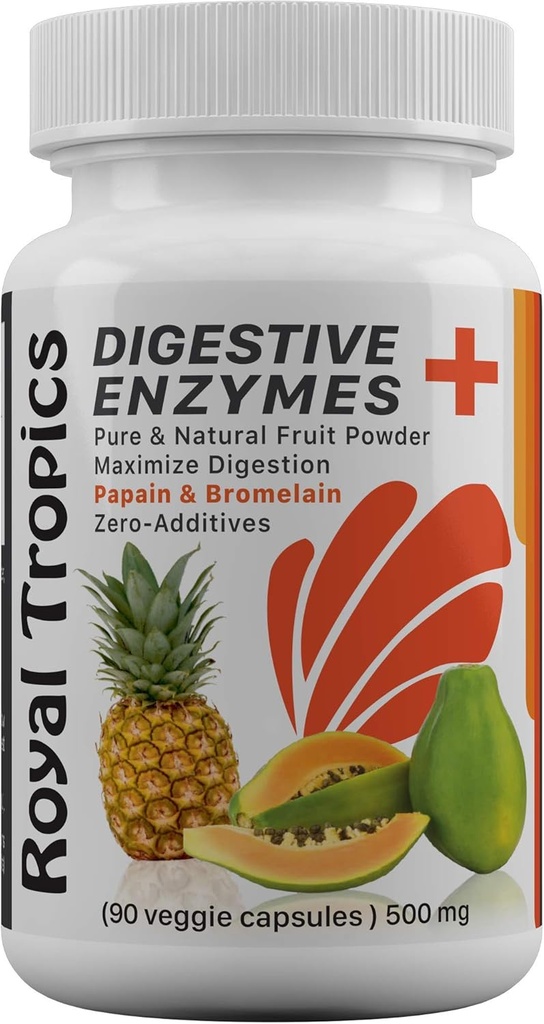 Royal Tropics Digestive Enzyme 보조 식품 - Green Papaya와 채식 공식은 완벽한 Gut Health Veggie 90 캡슐 500mg에 대한 Bromelain 산성 흡진기를 추가했습니다.