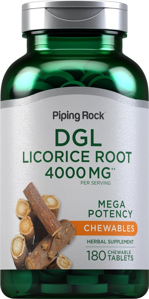 Piping Rock DGL Licorice Chewable Tablets 4000mg | 180 Count | Mega Potency Deglycyrrhizinated | 초본 추출물 보충교재 | 채식주의, 비 GMO