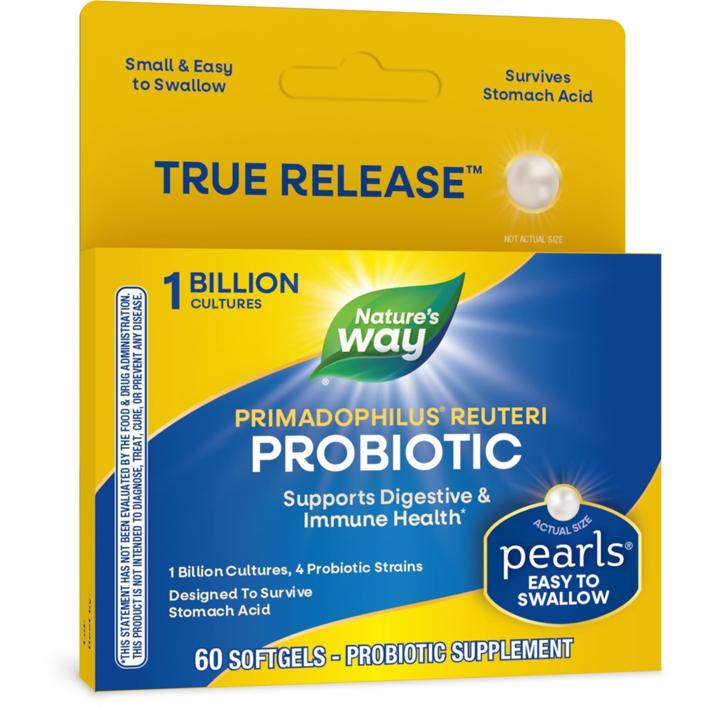 Nature's Way Primadophilus Reuteri Probiotic Pearls for Men and Women, Digestive and Immune Health*, 1 억 문화, 4 Probiotic Strains, Survives Stomach Acid, 60 Softgels