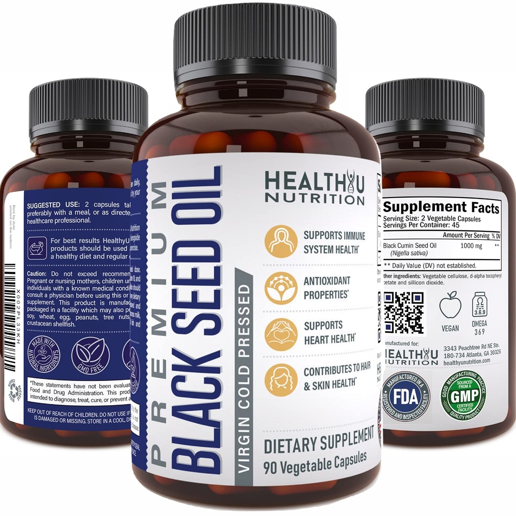 Premium Black Cumin Seed Oil Capsules - Virgin Cold Pressed Nigella Sativa Black Seed Oil Pills - Immune Support Supplement - 오메가 3 6 9 비타민 E Blackseed for Nails Hair Skin 1000 mg p/Serving