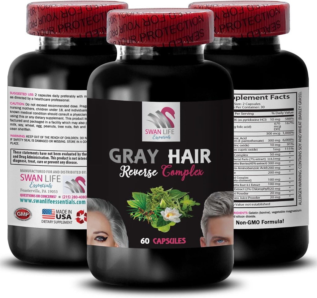 Biotin, 컬러 Enhancing - GRAY HAIR REVERSE - vibrancy, 헤어 케어 솔루션, 머리 색상, 색상 복원, 머리 톤 개선, 나이 들기 머리, 활기찬 머리 색상 1Bot 60Cap