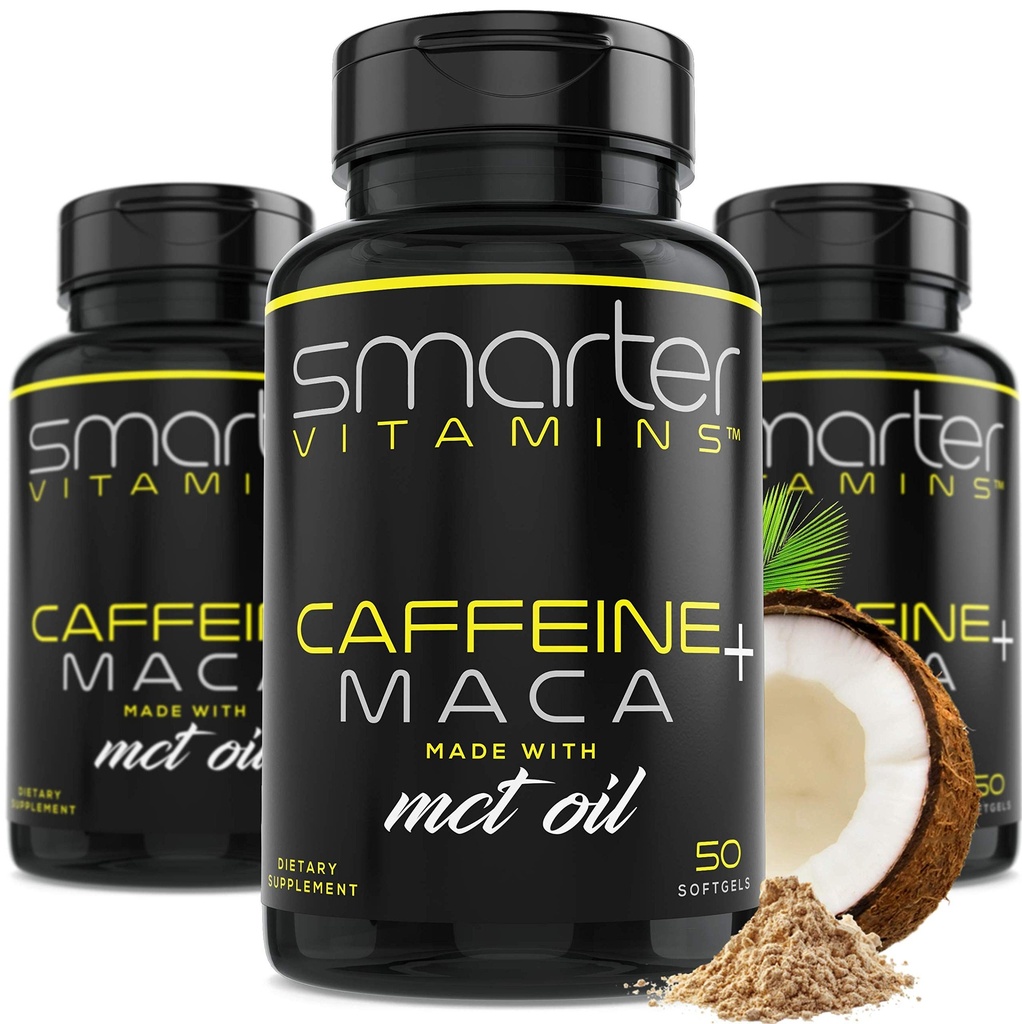 (3 팩) 더 똑똑한 에너지 약, 200mg 카페인 & 코코넛 MCT Maca 뿌리, 150 액체 Softgels를 가진 기름