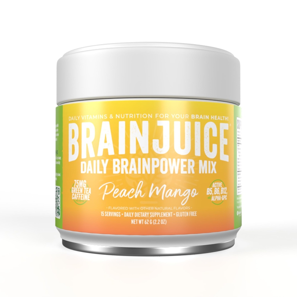 BrainJuice Nootropics 두뇌 지원 보충교재, 에너지와 초점을 위한 글루텐 자유로운 분말, L Theanine, 알파 GPC, 비타민 B, 유기 녹차 추출물 카페인, 복숭아 망고, 15의 서빙과 가진 음료 혼합