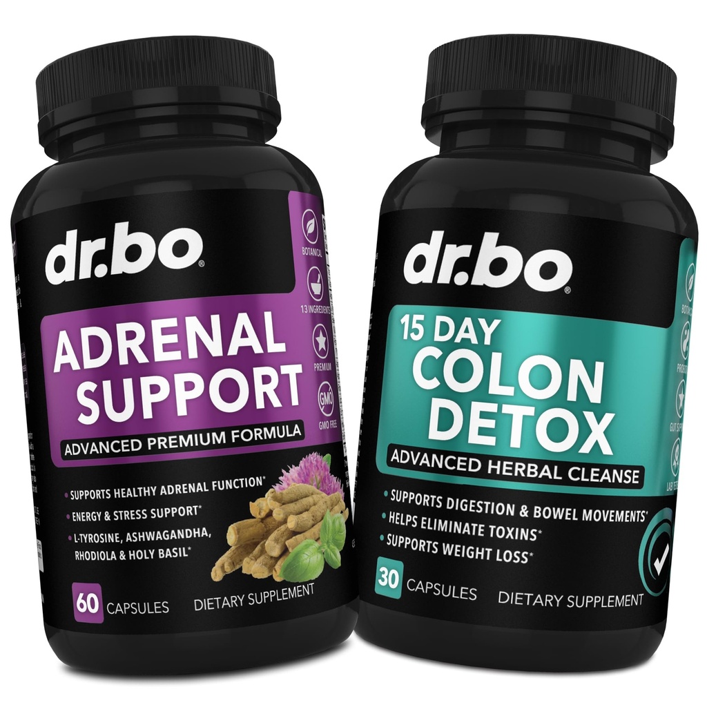 DR. BO Adrenal Support & Colon Cleanse 보조제 - Ashwagandha & L Tyrosine과 함께 중독 피로 보충 - Bowel 운동 지원 및 Gut Stomach Cleaning을위한 15 일 Intestinal Cleanse 알약