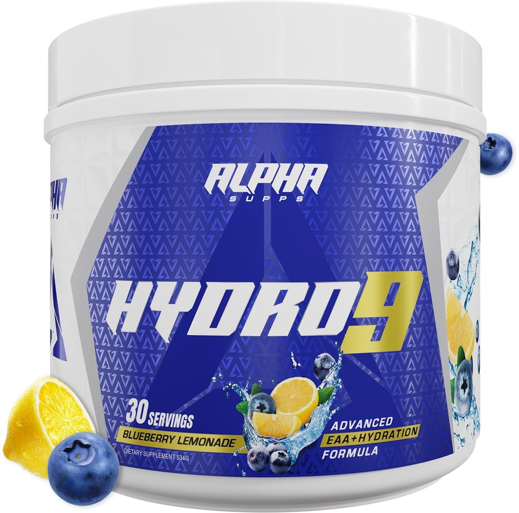 Alpha Supps Hydro 9 Aminos | EAA + Hydration Formula | BCAAs & Electrolytes 30 서빙이있는 필수 아미노산 EAAs 분말 - 블루 베리 Lemonade