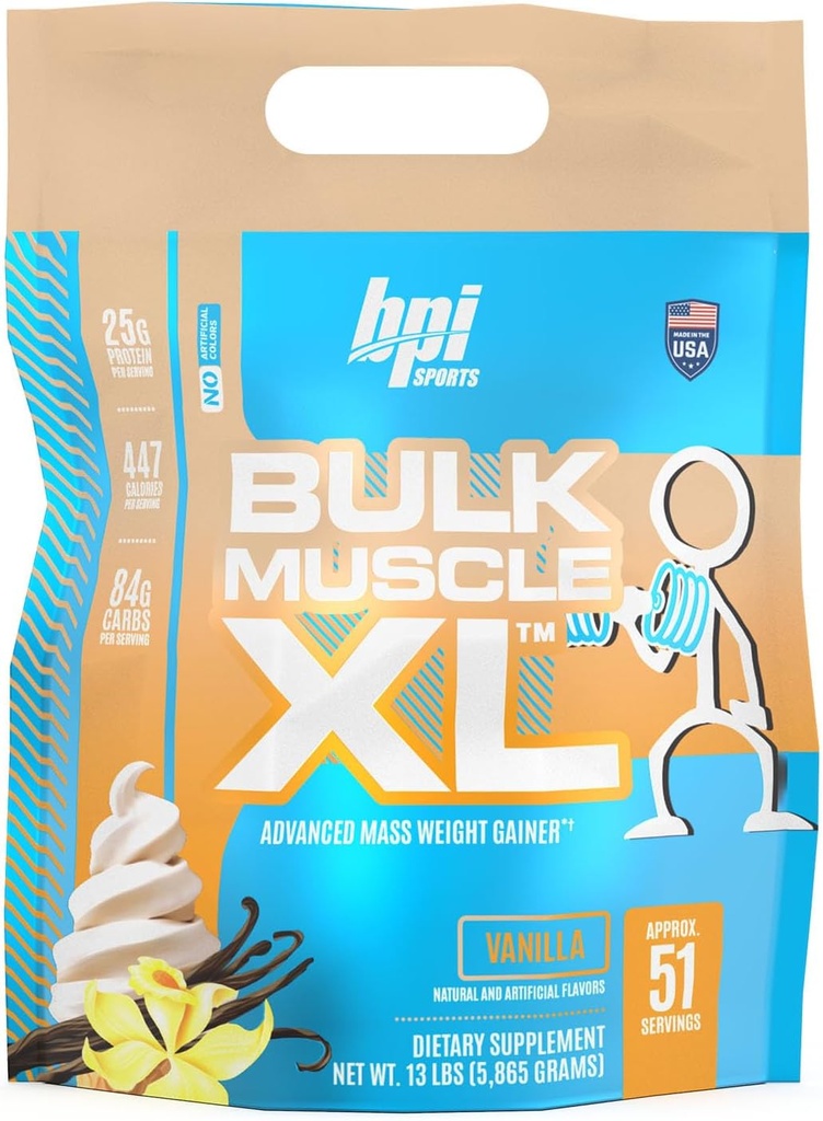 BPI 스포츠 대량 근육 XL - 심각한 근육 건물 & 회복, 봉사 당 25g 단백질 & 497 칼로리를 위한 진보된 대량 무게 게인 - 초콜렛, 13lb 부대 (13lb, 바닐라)