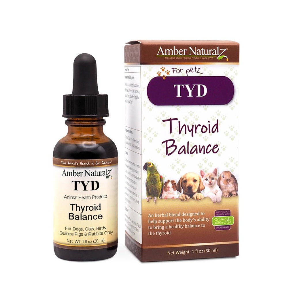 Amber NaturalZ TYD Thyroid Balance Herbal Supplement for Dogs, Cats, Birds, 기니 돼지, 토끼 | 갑상선 건강을위한 초본 애완 동물 보충 | 1 유체 Ounce Glass Bottle | 제조