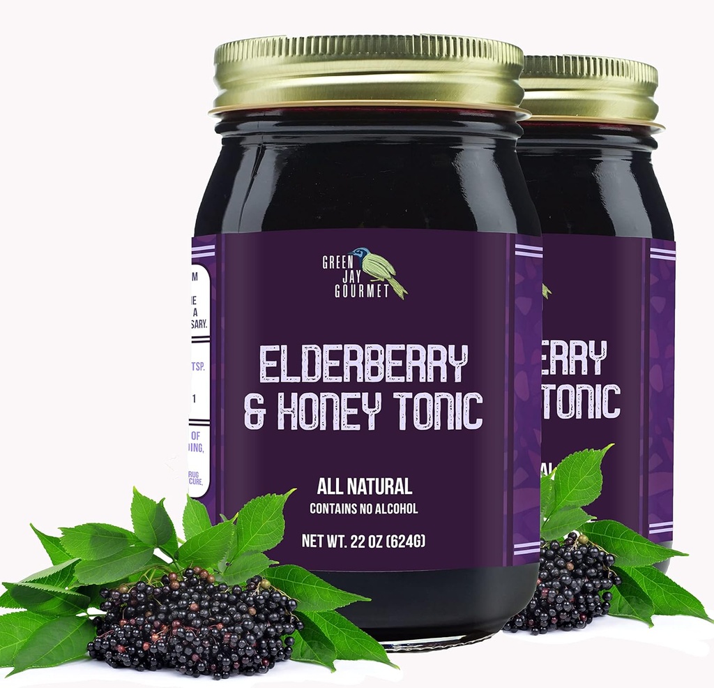 Green Jay Gourmet Elderberry Tonic – 모든 자연 Elderberry Syrup – 어린이 및 성인을위한 Elderberry Immune 지원 – 강력한 Elderberry & 꿀 혼합 – Sambucus Elderberry Syrup – 2 x 22 온스